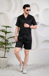 Black Waffle Textured Cuban Collar Boxy Fit Co-Ords