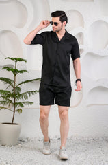 Black Waffle Textured Cuban Collar Boxy Fit Co-Ords