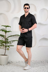 Black Waffle Textured Cuban Collar Boxy Fit Co-Ords