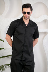 Black Waffle Textured Cuban Collar Boxy Fit Co-Ords