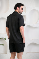 Black Waffle Textured Cuban Collar Boxy Fit Co-Ords