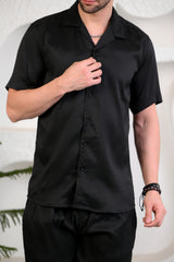 Black Waffle Textured Cuban Collar Boxy Fit Co-Ords