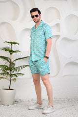 Light Turquoise Whale Tails Cuban Collar Boxy Fit Co-Ords