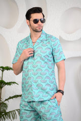 Light Turquoise Whale Tails Cuban Collar Boxy Fit Co-Ords