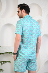 Light Turquoise Whale Tails Cuban Collar Boxy Fit Co-Ords