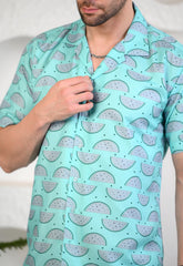 Light Turquoise Whale Tails Cuban Collar Boxy Fit Co-Ords