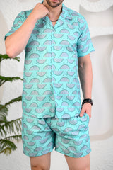 Light Turquoise Whale Tails Cuban Collar Boxy Fit Co-Ords