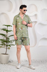 Light Green Animals Theme Cuban Collar Boxy Fit Co-ord Set