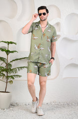 Light Green Animals Theme Cuban Collar Boxy Fit Co-ord Set