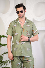 Light Green Animals Theme Cuban Collar Boxy Fit Co-ord Set