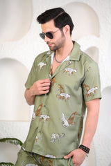 Light Green Animals Theme Cuban Collar Boxy Fit Co-ord Set