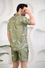 Light Green Animals Theme Cuban Collar Boxy Fit Co-ord Set