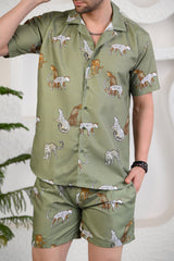 Light Green Animals Theme Cuban Collar Boxy Fit Co-ord Set