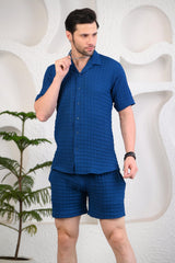 Blue Ribbed Cuban Collar Boxy Fit Co-Ords