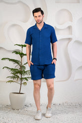Blue Ribbed Cuban Collar Boxy Fit Co-Ords