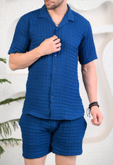 Blue Ribbed Cuban Collar Boxy Fit Co-Ords