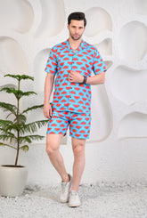 Melonaire Sky Blue Printed Cuban Collar Boxy Fit Co-Ords