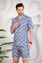 Melonaire Sky Blue Printed Cuban Collar Boxy Fit Co-Ords