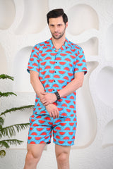 Melonaire Sky Blue Printed Cuban Collar Boxy Fit Co-Ords