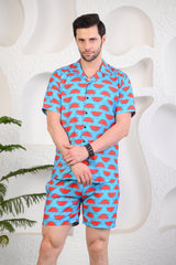 Melonaire Sky Blue Printed Cuban Collar Boxy Fit Co-Ords