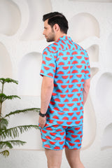 Melonaire Sky Blue Printed Cuban Collar Boxy Fit Co-Ords