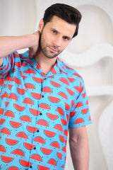 Melonaire Sky Blue Printed Cuban Collar Boxy Fit Co-Ords