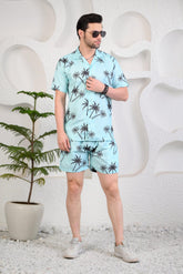 Turquoise Colour Palm Tree Print Cuban Collar Co-Ords