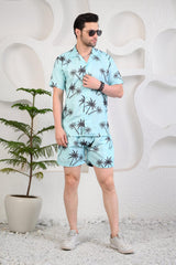 Turquoise Colour Palm Tree Print Cuban Collar Co-Ords