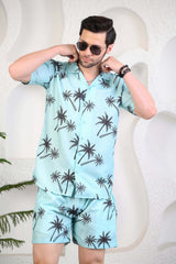 Turquoise Colour Palm Tree Print Cuban Collar Co-Ords - Furnish Factory
