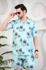 Turquoise Colour Palm Tree Print Cuban Collar Co-Ords
