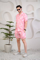 Light Pink White Palm Tree Print Cuban Collar Co-Ords