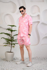 Light Pink White Palm Tree Print Cuban Collar Co-Ords