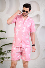Light Pink White Palm Tree Print Cuban Collar Co-Ords
