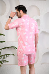 Light Pink White Palm Tree Print Cuban Collar Co-Ords