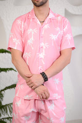 Light Pink White Palm Tree Print Cuban Collar Co-Ords