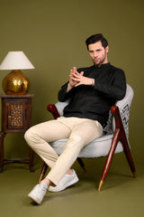 Black Linen Blend Full Sleeves Mandarin Collar Short Kurta