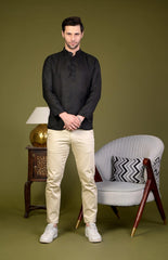 Black Linen Blend Full Sleeves Mandarin Collar Short Kurta