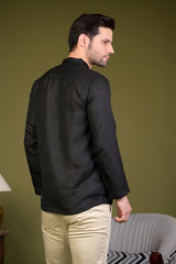 Black Linen Blend Full Sleeves Mandarin Collar Short Kurta