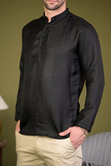 Black Linen Blend Full Sleeves Mandarin Collar Short Kurta