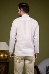 White Linen Blend Full Sleeves Mandarin Collar Short Kurta