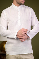 White Linen Blend Full Sleeves Mandarin Collar Short Kurta