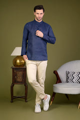 Navy Blue Linen Blend Full Sleeves Mandarin Collar Short Kurta