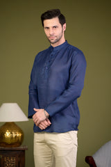 Navy Blue Linen Blend Full Sleeves Mandarin Collar Short Kurta