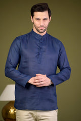 Navy Blue Linen Blend Full Sleeves Mandarin Collar Short Kurta