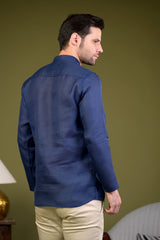 Navy Blue Linen Blend Full Sleeves Mandarin Collar Short Kurta