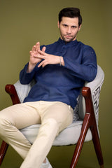 Navy Blue Linen Blend Full Sleeves Mandarin Collar Short Kurta