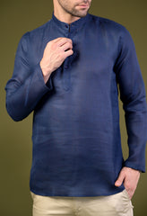 Navy Blue Linen Blend Full Sleeves Mandarin Collar Short Kurta