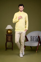 Light Yellow Linen Blend Full Sleeves Mandarin Collar Short Kurta