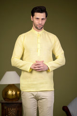 Light Yellow Linen Blend Full Sleeves Mandarin Collar Short Kurta