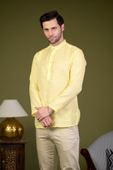 Light Yellow Linen Blend Full Sleeves Mandarin Collar Short Kurta